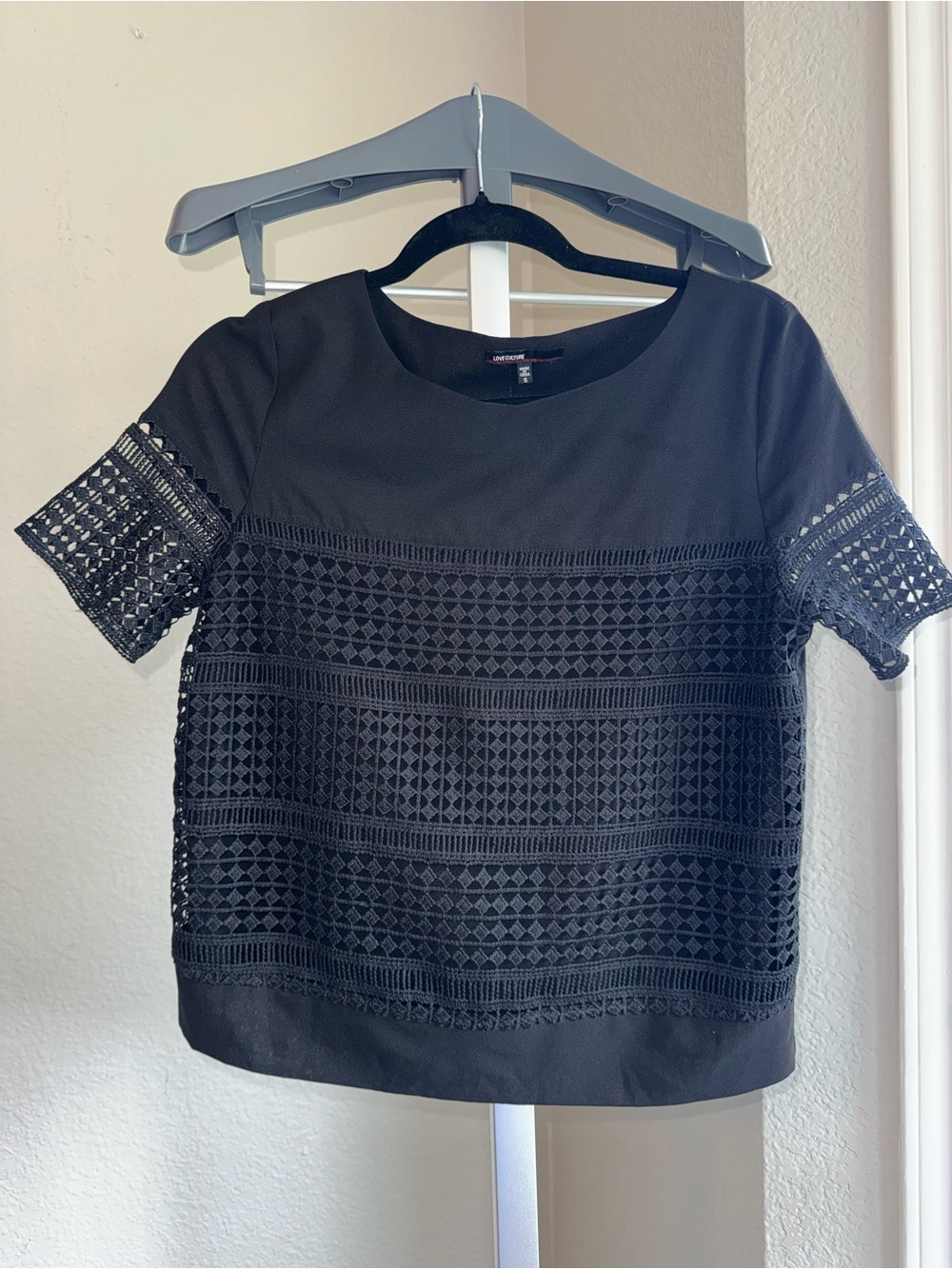 Love Culture Black Short Sleeve Lace-Panel Top
